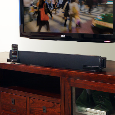 iLIVE® Ultra Slim Bar Speaker - Experience audio from your iPhone® and iPod®, FM radio, and other audio devices with this dynamic speaker system. In addition, this sound dock easily connects to your TV, satellite/cable receiver, DVD player, game console, and MP3 player. The built-in subwoofer makes your movies and music come to life.  Includes AC power cord, remote control, digital clock, docking brackets, audio/video cable and wall-mount hardware.